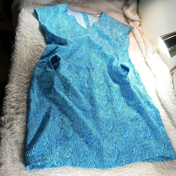 Boden Lara Linen Bold Blue Tropical Leaf Midi Dress Womans 12 Coastal Beach Wear - Picture 9 of 12